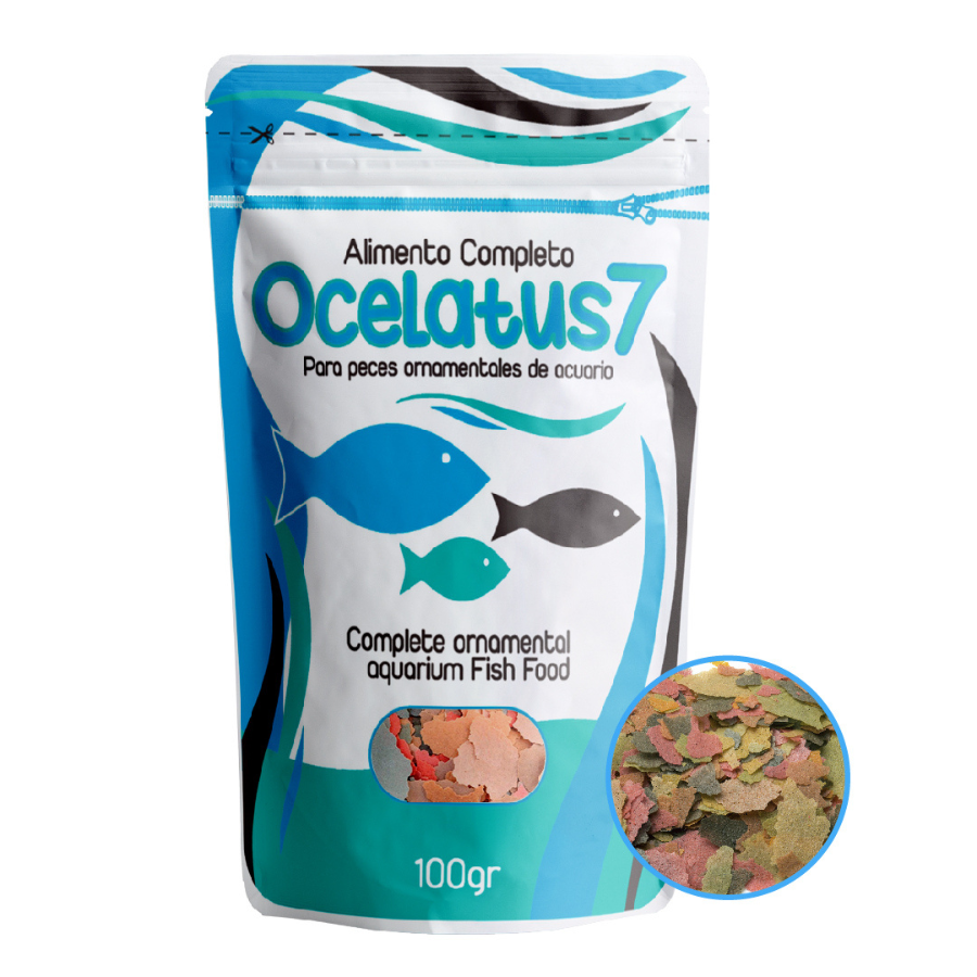 Alimento ESCAMAS Peces Tropicales NO ENTURBIA el Agua OCELATUS7  100GR - 500ML, , large Imagen numero 1